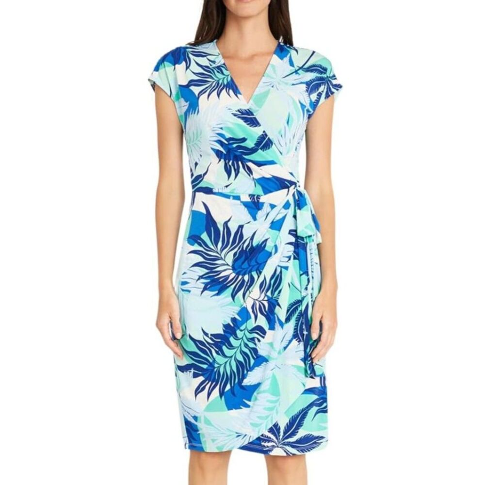 Maggy London Women’s Printed Matte Jersey Wrap Dress, Sky Blue/Navy, Size 0